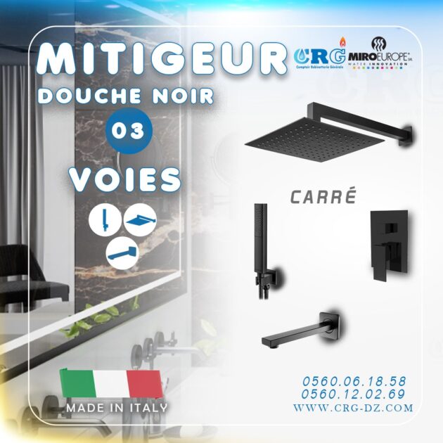 Mitigeur douche carré noir 3 voies
