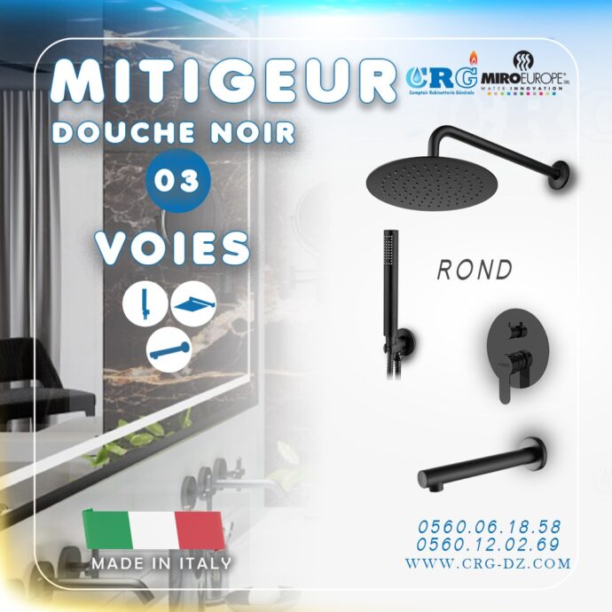 Mitigeur douche noir rond 03 voies